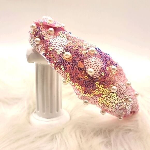 New PINK HEARTS SEQUIN PEARL JEWELED HEADBAND - Picture 1 of 5